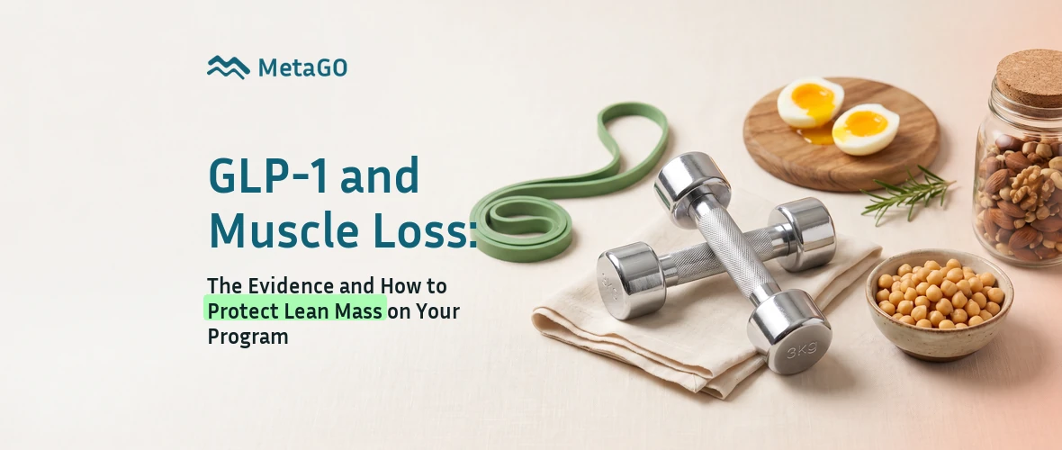 GLP-1 and muscle loss: dumbbells, resistance band, eggs, nuts and chickpeas — protein and resistance plan to protect lean mass