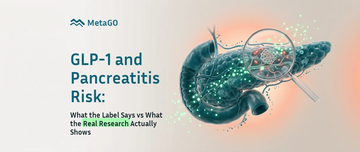 Translucent 3D pancreas with magnifier examining tissue GLP-1 pancreatitis risk research vs label warnings