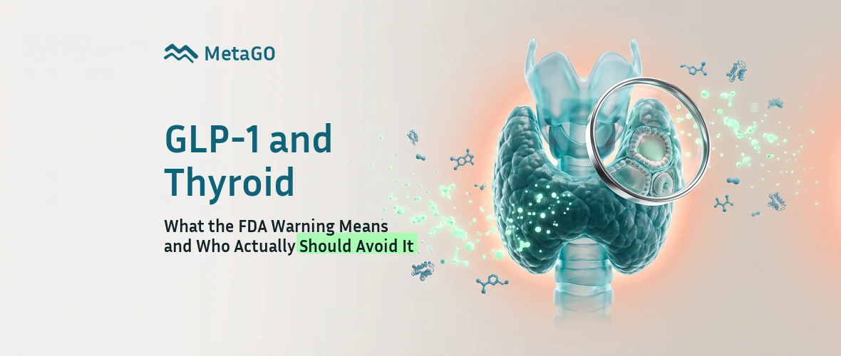 GLP-1 and thyroid cancer: 3D thyroid gland with C-cell magnifier explaining FDA black box warning and who should avoid GLP-1