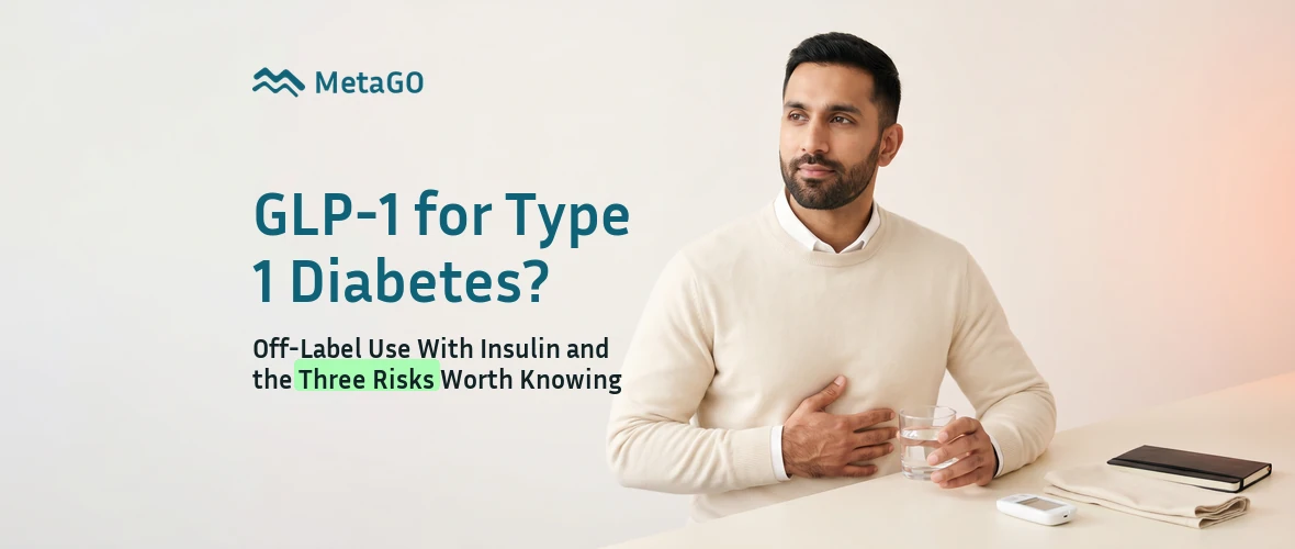 GLP-1 for type 1 diabetes: man with glucometer and water explaining off-label use with insulin and three key risks