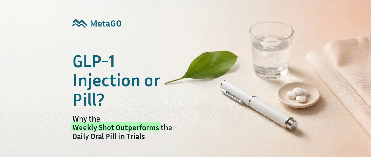 GLP-1 injection or pill: white injector pen beside oral semaglutide tablets showing weekly shot vs daily oral trial results