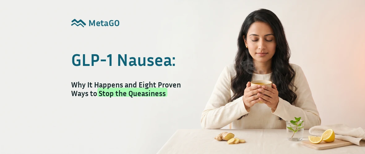 GLP-1 nausea remedies: woman sipping ginger tea with lemon slices and fresh ginger root for queasiness relief