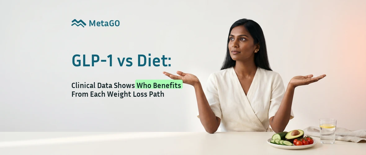 GLP-1 vs diet decision: woman weighing options with vegetable plate, comparing who benefits from drug vs lifestyle weight loss