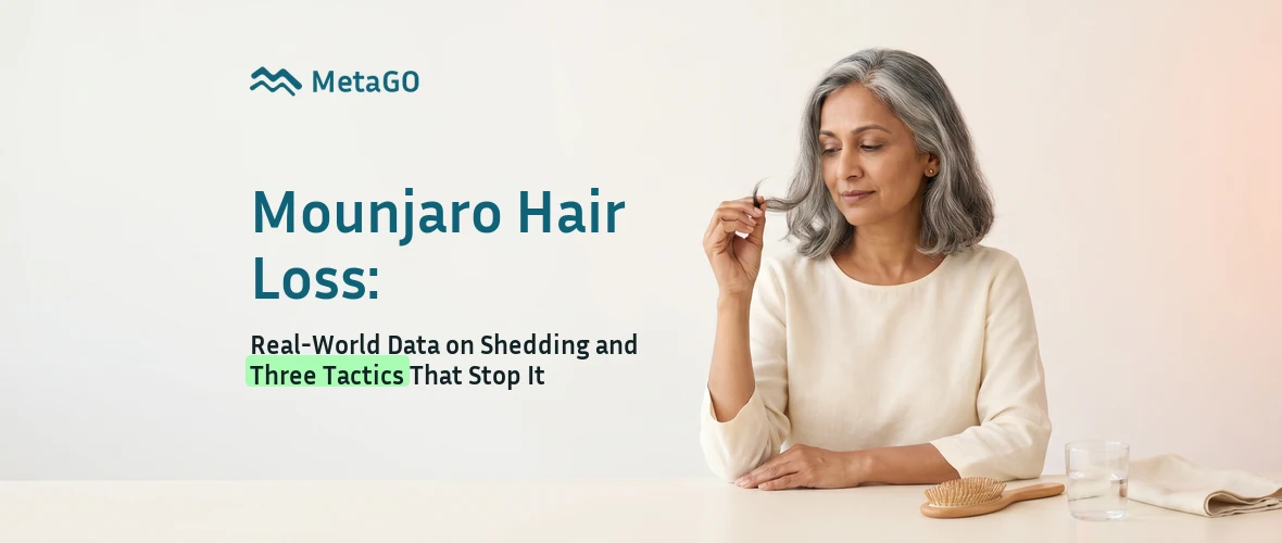 Mounjaro hair loss: older Indian woman with silver hair inspecting a strand, real-world shedding data and three tactics to stop it