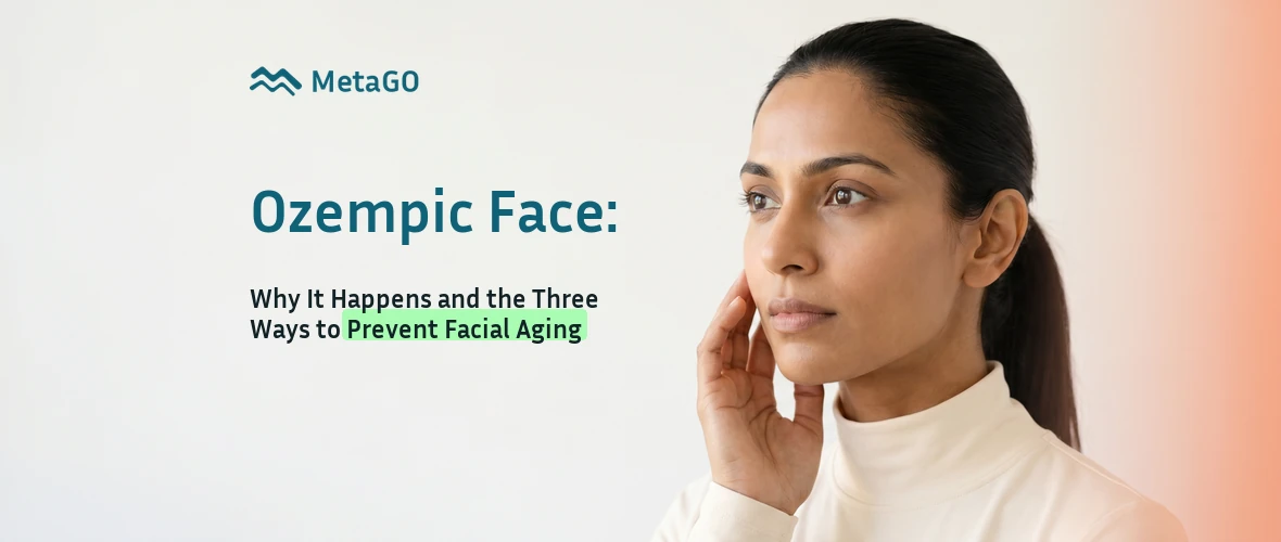 Ozempic face explained: Indian woman touching cheek showing why facial fat loss happens and three ways to prevent aging