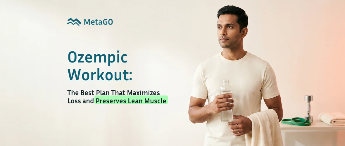 South Indian man in his 30s holding water bottle with dumbbells nearby Ozempic workout to preserve lean muscle