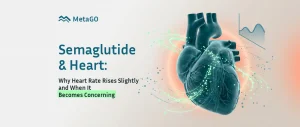 Translucent 3D anatomical heart with rising line chart semaglutide heart rate effects and concerning thresholds