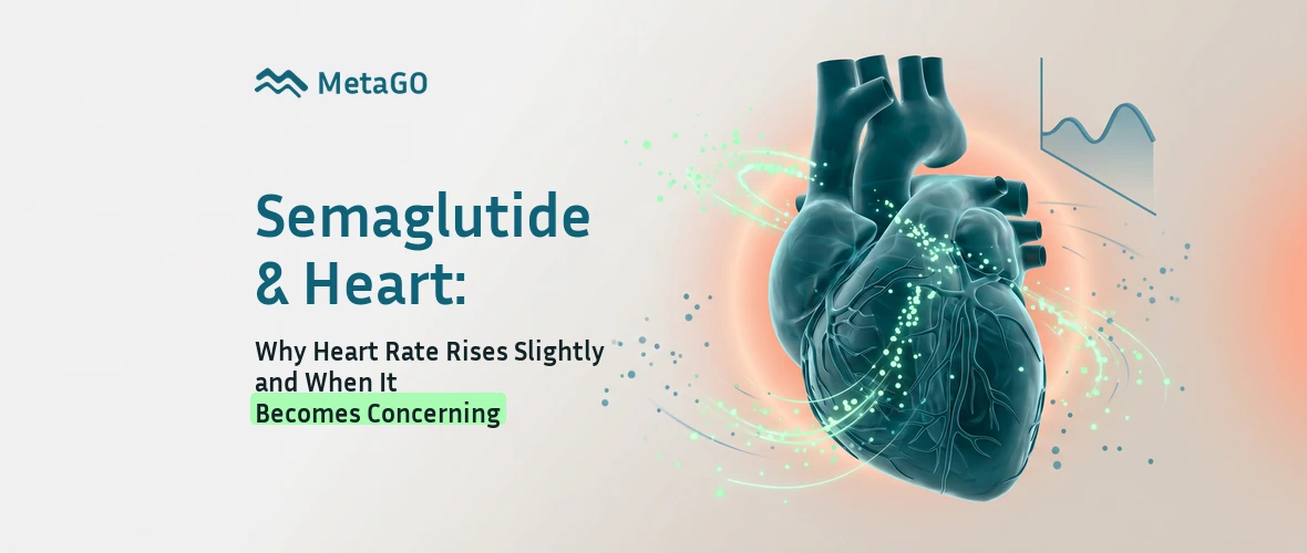 Translucent 3D anatomical heart with rising line chart semaglutide heart rate effects and concerning thresholds