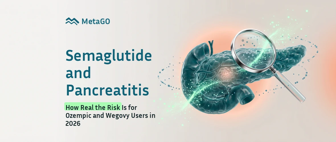 Translucent 3D pancreas with magnifier and data points showing real semaglutide pancreatitis risk for Ozempic and Wegovy users