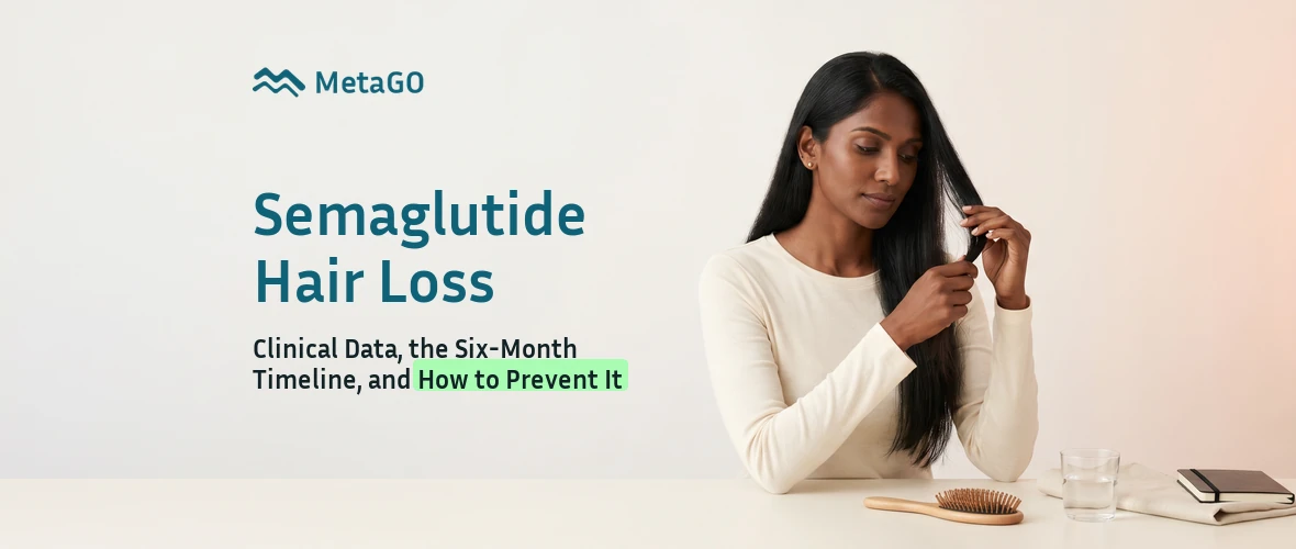 South Indian woman in her 30s examining her long straight black hair showing semaglutide hair loss timeline on Ozempic and Wegovy