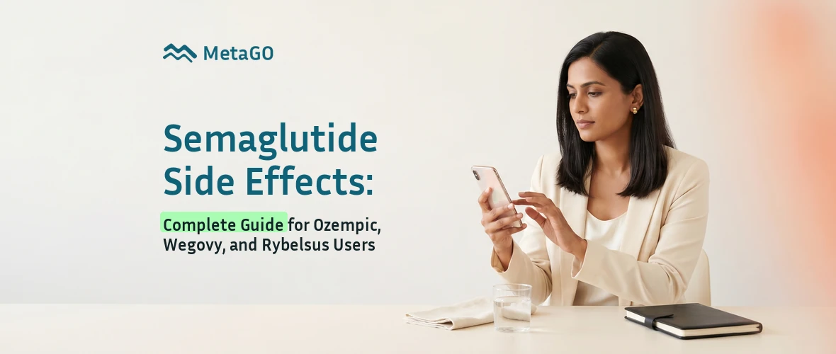 Maharashtrian woman in her 30s in cream blazer reading on smartphone semaglutide side effects complete guide