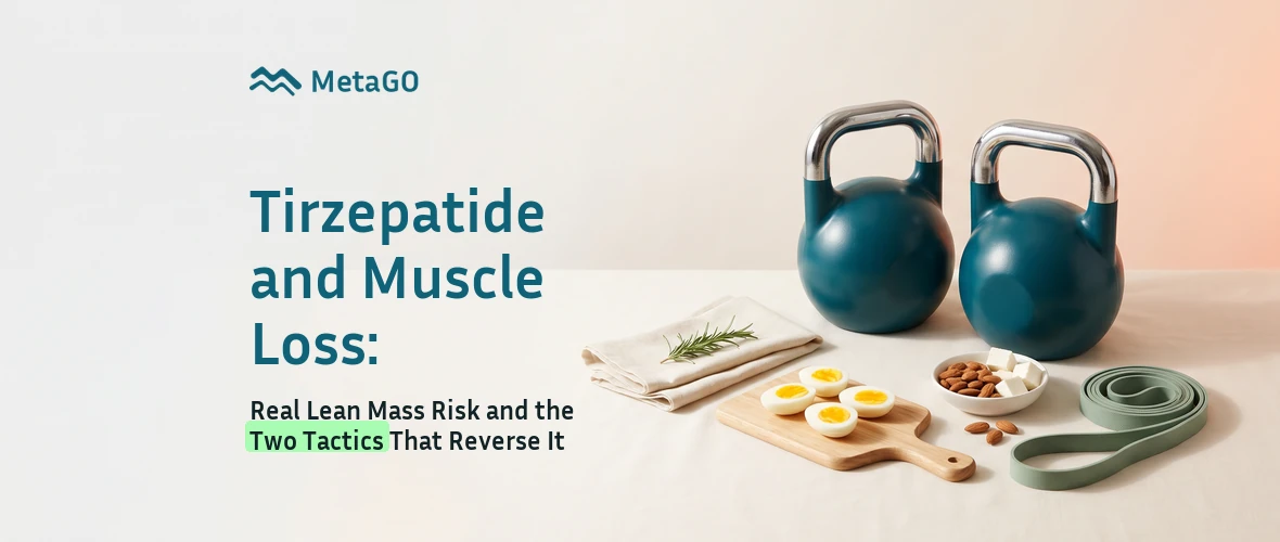 Tirzepatide muscle loss prevention flat lay with teal kettlebells, eggs, almonds, paneer and a resistance band