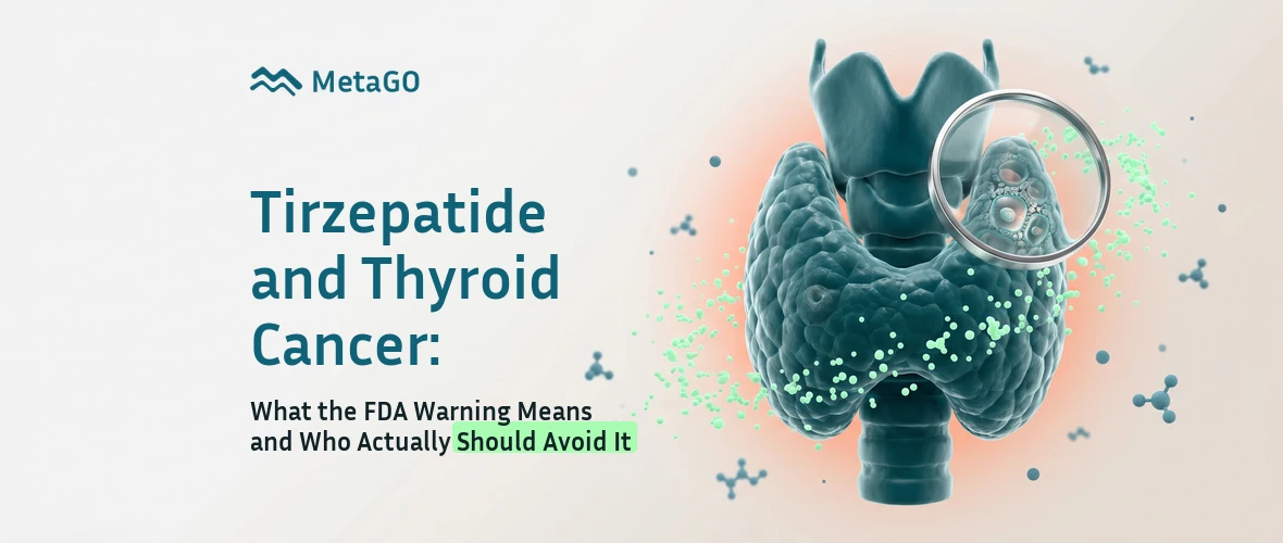 Translucent 3D thyroid with magnifier examining tissue showing tirzepatide FDA black box thyroid cancer warning for Mounjaro and Zepbound