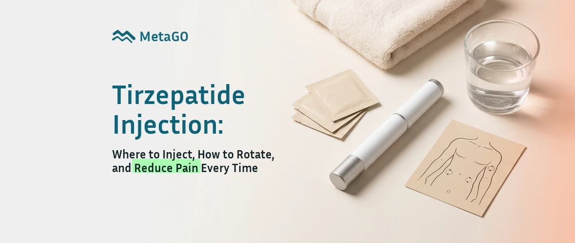 Tirzepatide injection rotation flat lay with auto injector pen, alcohol wipes, hand towel and torso site anatomy card