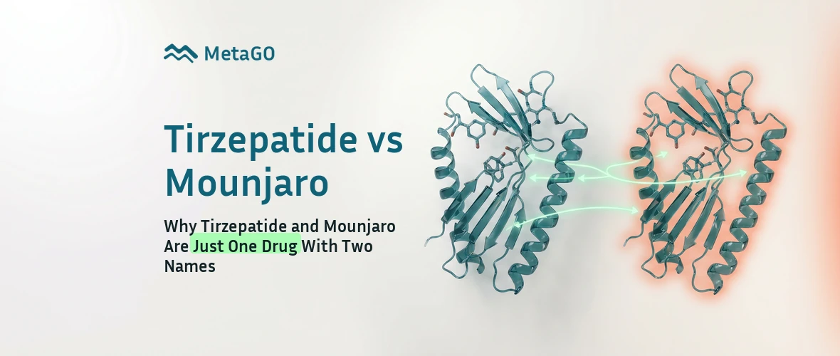 Mounjaro vs Ozempic comparison: tirzepatide and semaglutide protein structures contrasting side effect tolerability