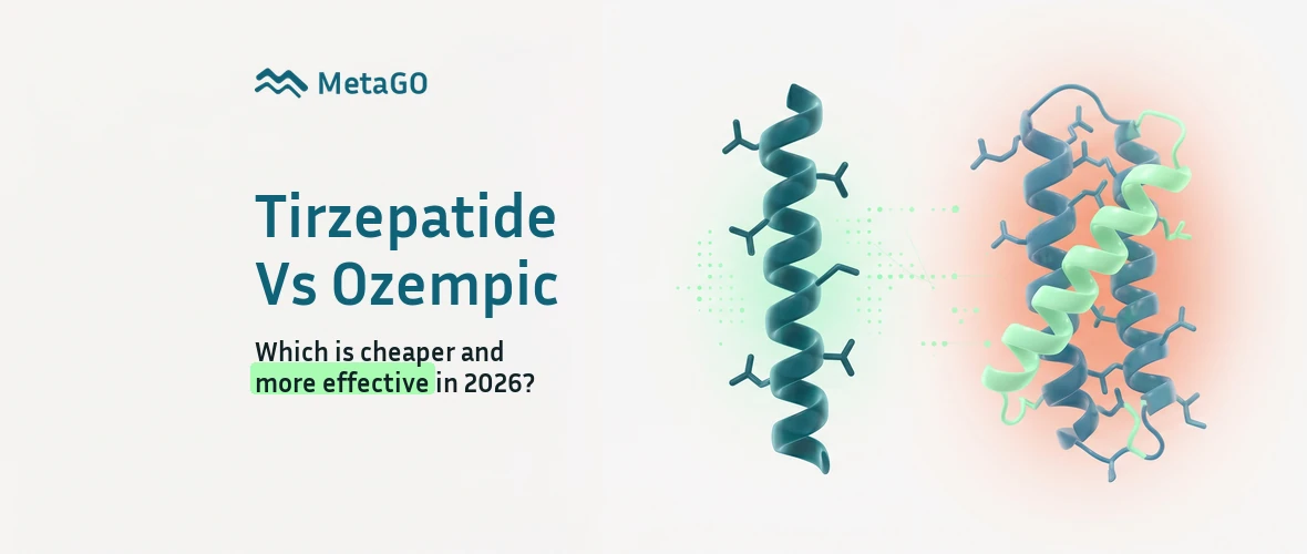 Tirzepatide vs Ozempic molecular comparison showing dual-hormone GIP plus GLP-1 versus single-hormone peptide