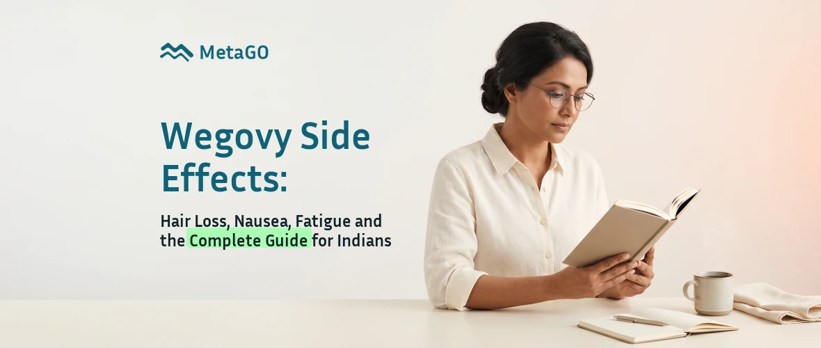 Bengali woman in her 40s with glasses and low bun reading a wellness book Wegovy side effects guide for Indians