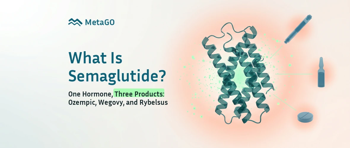 Translucent 3D semaglutide molecule with three product anchors for Ozempic Wegovy and Rybelsus from one hormone
