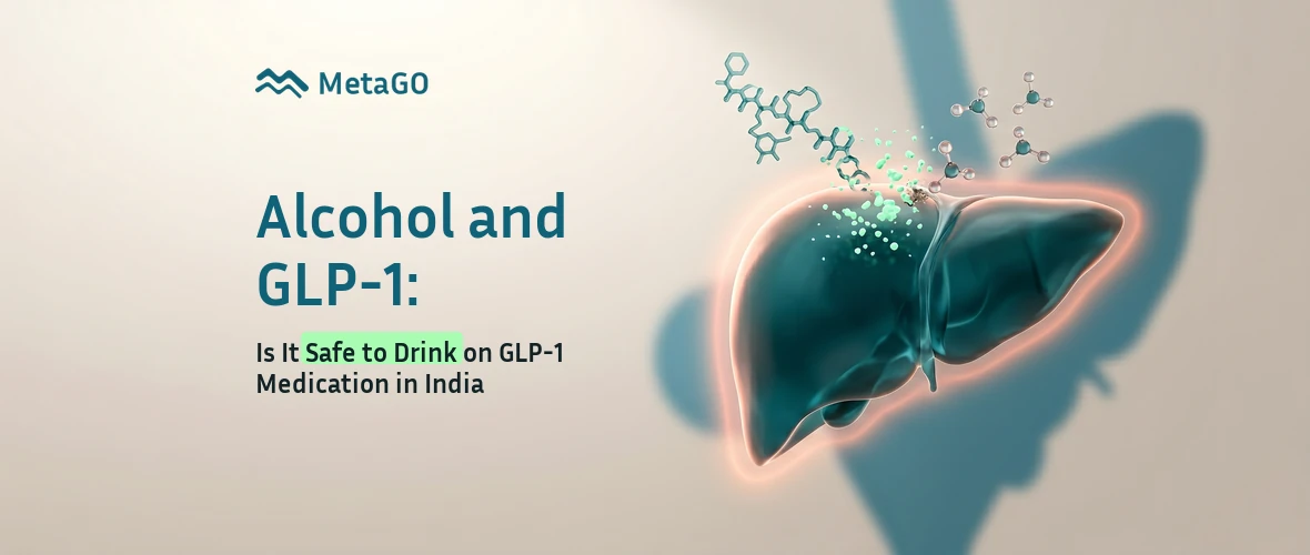 Translucent 3D liver with GLP-1 and alcohol molecules in conflict, alcohol and GLP-1 medication safety India