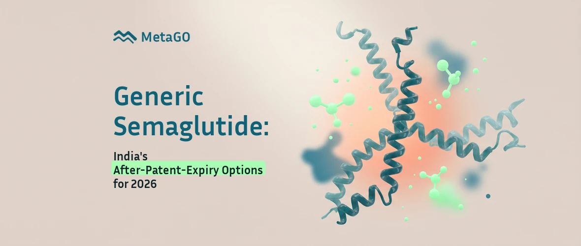 Translucent 3D semaglutide molecule with branching generic variants and mint particles, India after-patent-expiry guide 2026