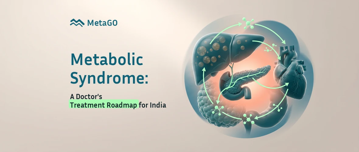 Translucent 3D liver, pancreas, heart and fat tissue with mint metabolic pathways, metabolic syndrome treatment roadmap India
