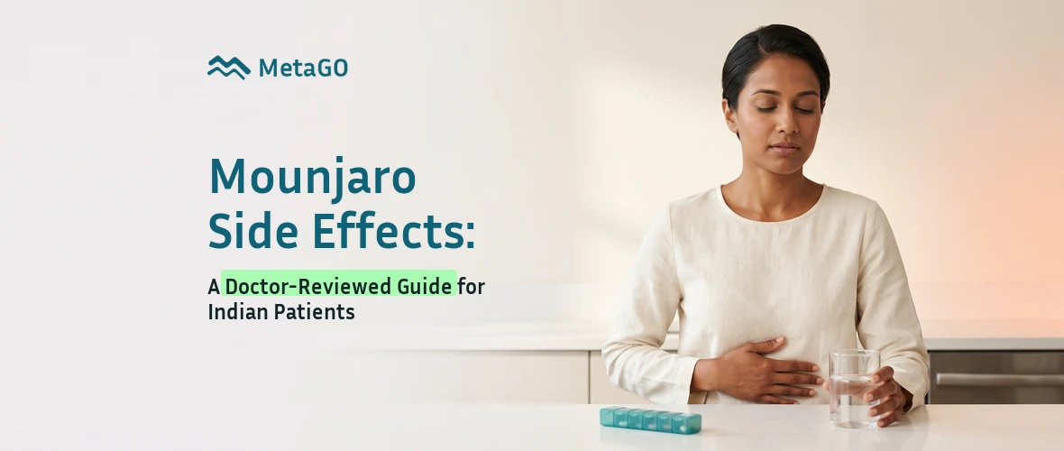Indian woman in her 30s hand on abdomen and eyes closed, Mounjaro side effects doctor-reviewed guide for Indian patients