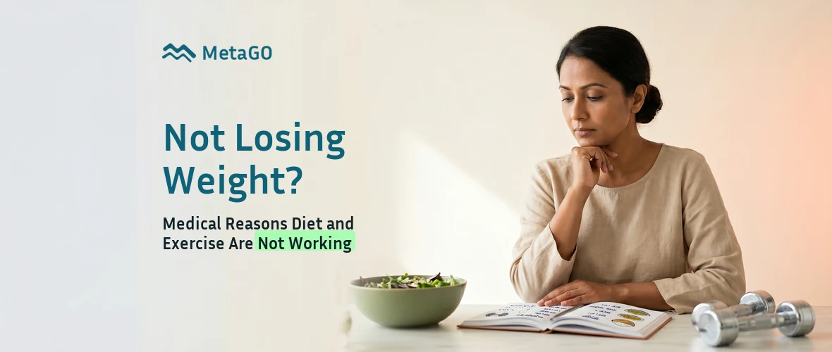 Bengali woman in her 40s at food journal with puzzled expression, medical reasons not losing weight despite diet India