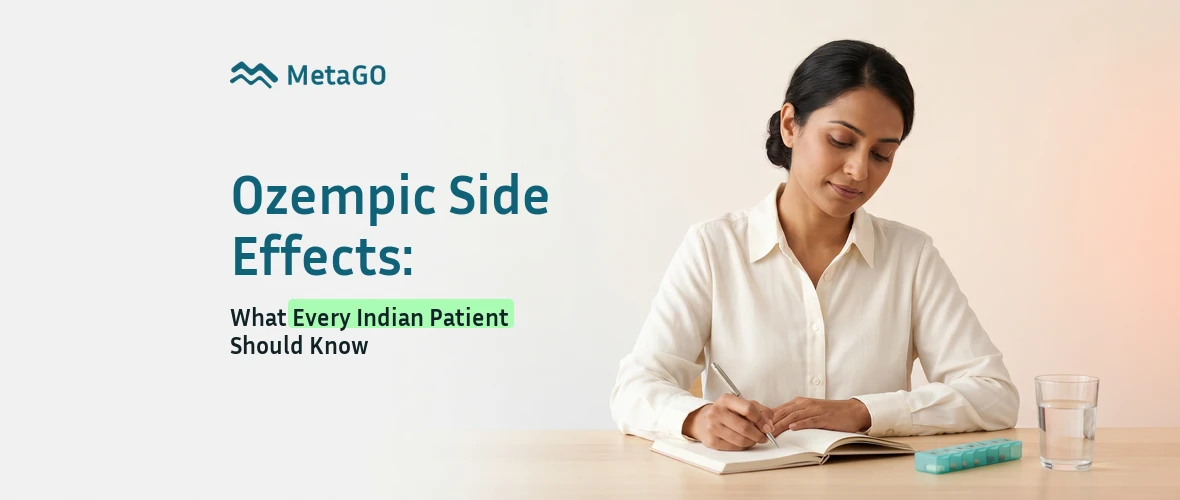 Maharashtrian woman in her 30s writing in wellness journal with pill organizer, Ozempic side effects India patient guide