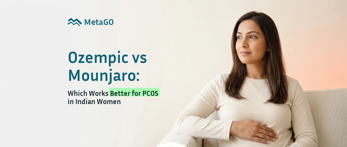 Indian woman in her 30s with hand on abdomen looking thoughtfully left, Ozempic vs Mounjaro for PCOS India