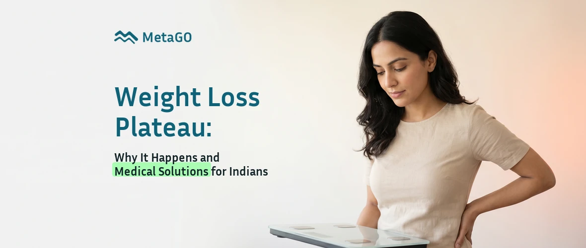 North Indian woman in her 30s looking down at a weighing scale, weight loss plateau medical solutions India guide